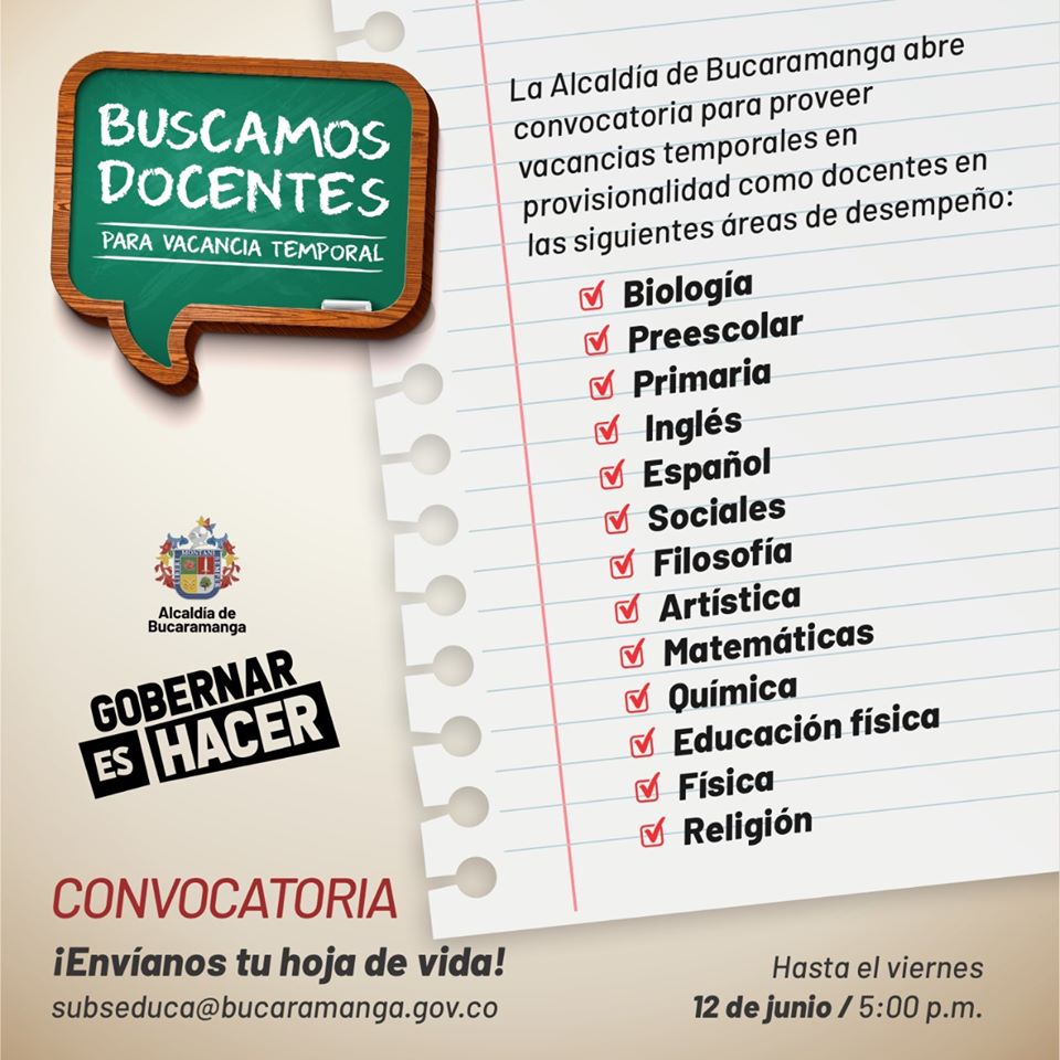 Buscamos docentes Alcadía de Bucaramanga