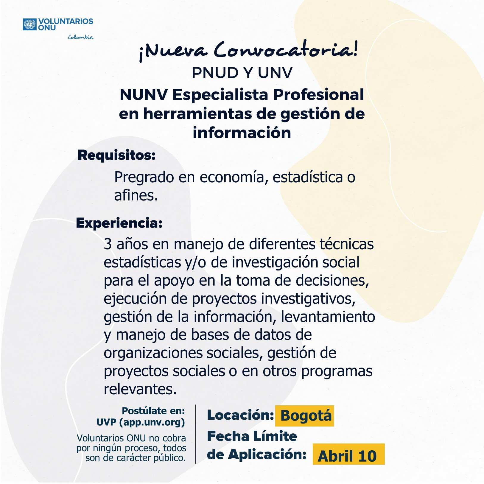 NUNV Especialista profesional en herramientas de gestión de información PNUD